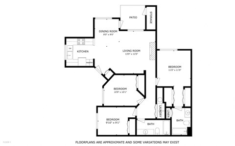 Floor plan for 3 beds, 2 baths, 1206 sqft